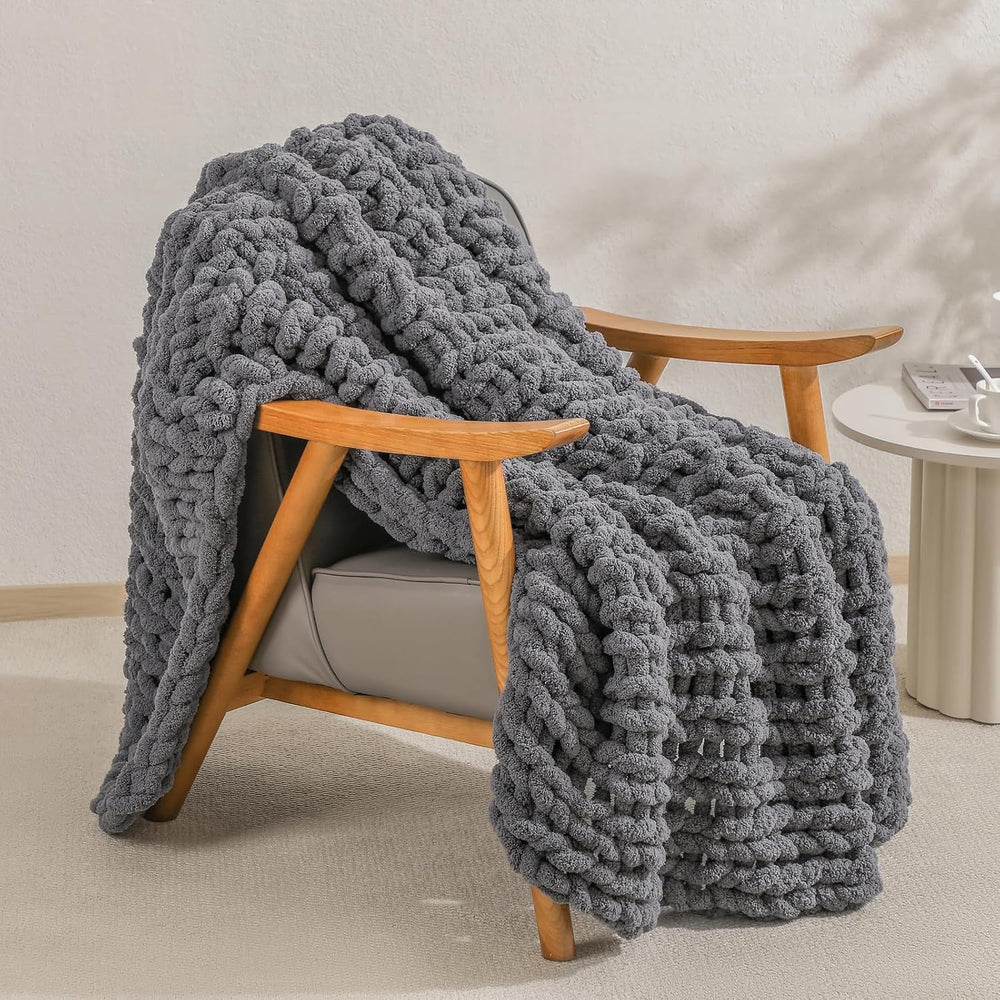 bearberry Chunky Knit Handmade Throw Blanket 50x60 Jumbo Chenille Dark Gray