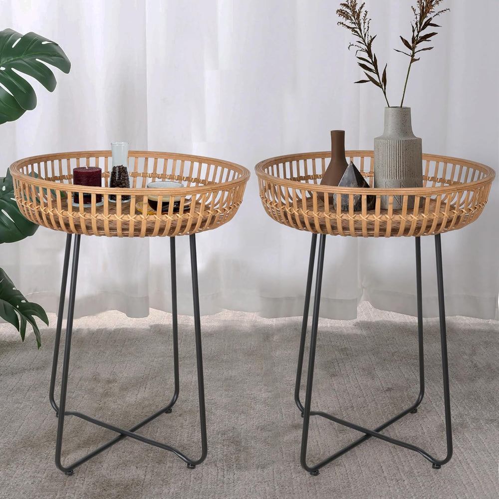 Oakrain Rattan End Table, Nesting Tables, Set of 2, Bamboo, Round, Metal Base...