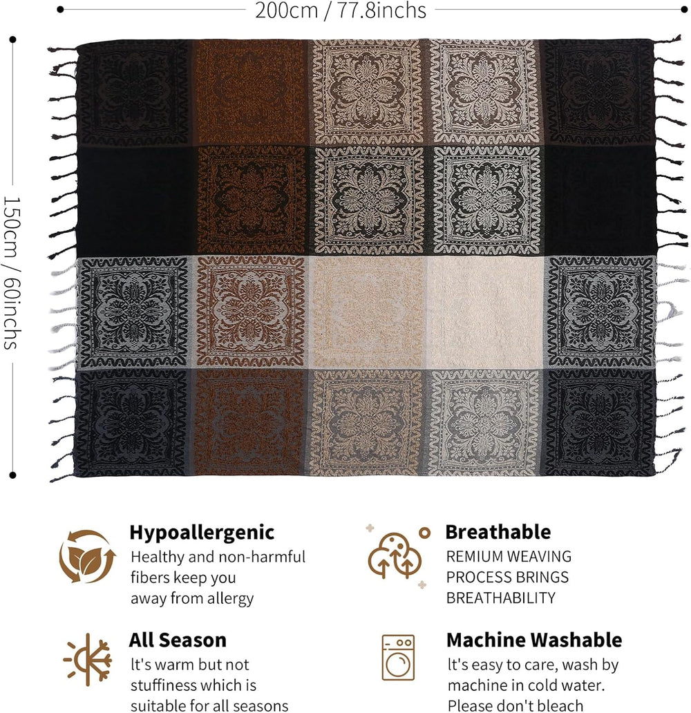 Boho Throw Blanket, Chenille Jacquard Tassels Throw Blankets for Bed Couch So...