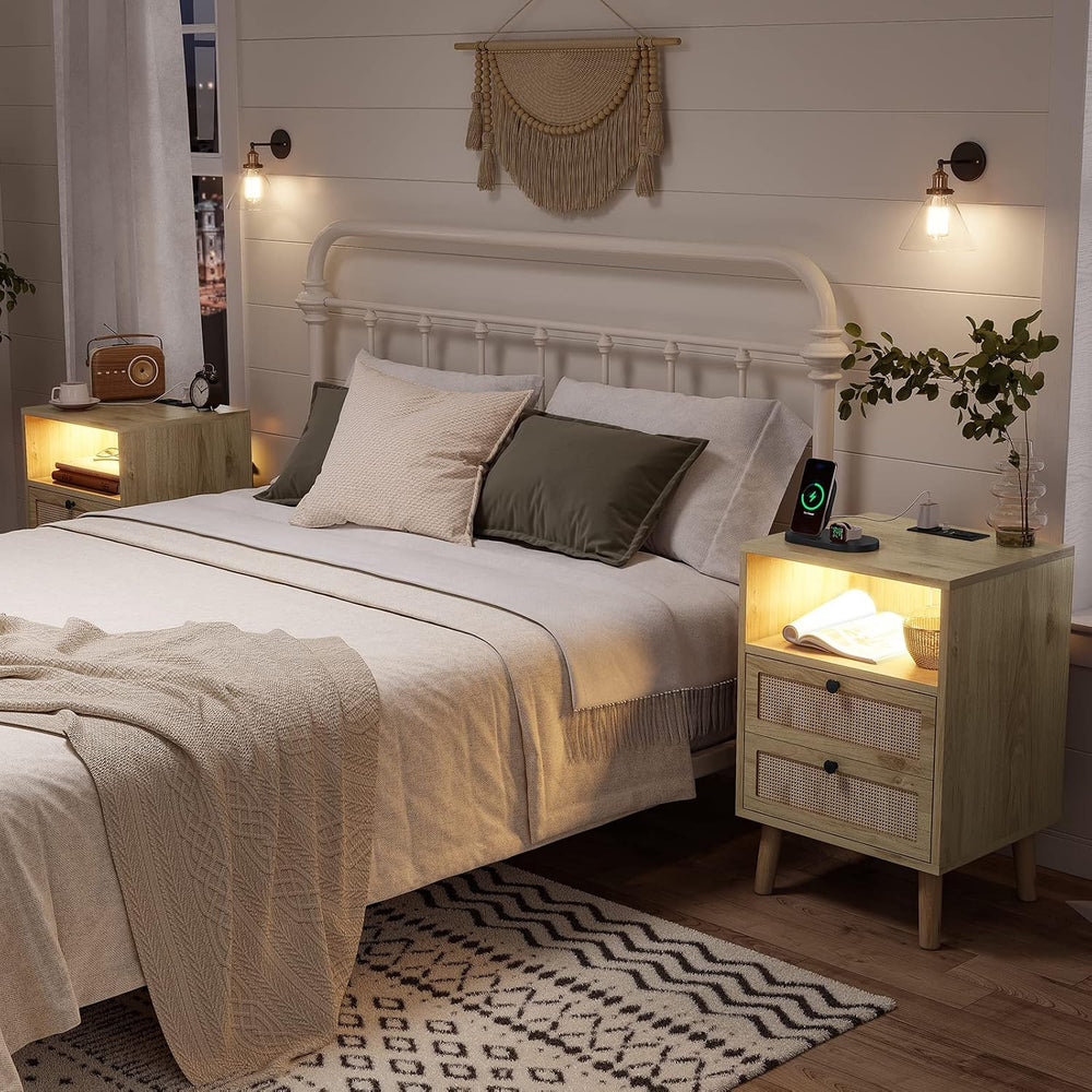 AOGLLATI Rattan Nightstands Set of 2 with Charging Station and LED, Boho Nigh...