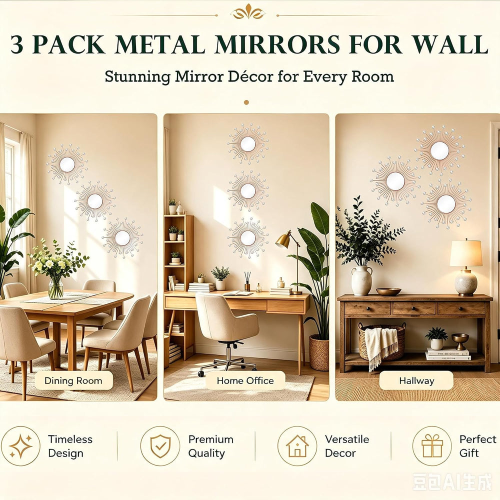 3 Pack Metal Mirrors for Wall Sunburst Wall Mirror Rose Gold Crystal Dรฉcor