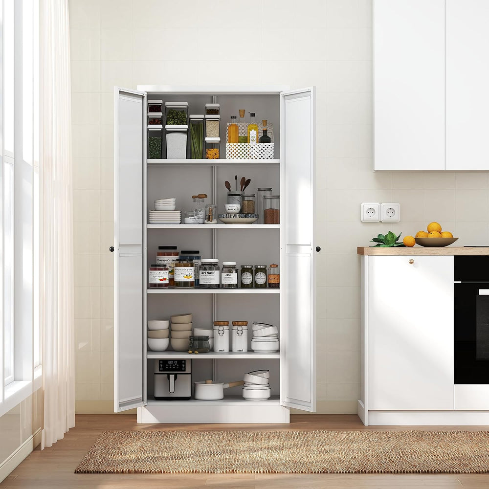 61-Inch White Metal Kitchen Pantry Cabinet with 4 Adjustable Heavy-Duty Shelv...