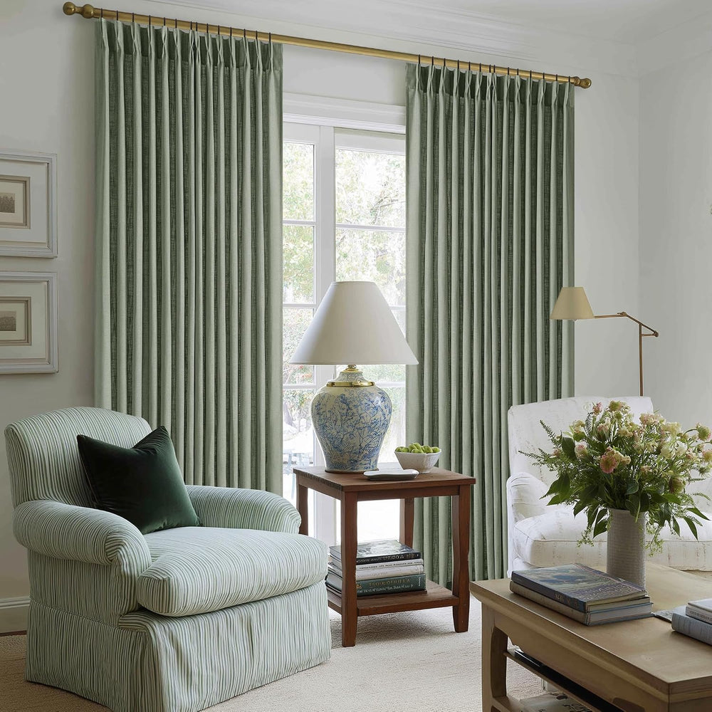 Pinch Pleated Sage Green Thick Linen Curtains 96 Inch Length 2 Panels Set