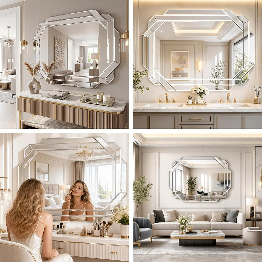 Vercraft Silver Bathroom Mirror Decorative Beveled Edge Frameless Mirror Wall...