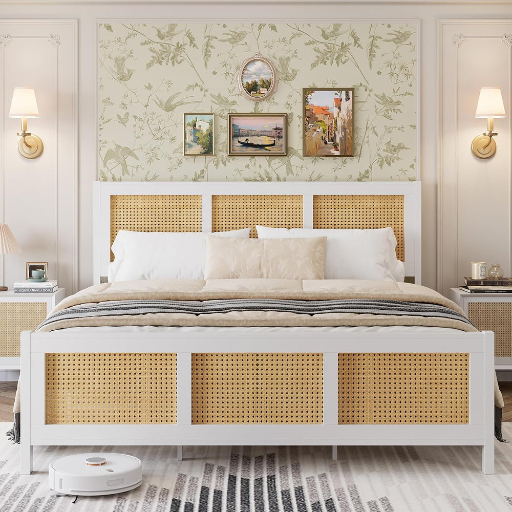 IDEALHOUSE Rattan Bed Frame with Headboard, Boho Full Size Bed Frame, White