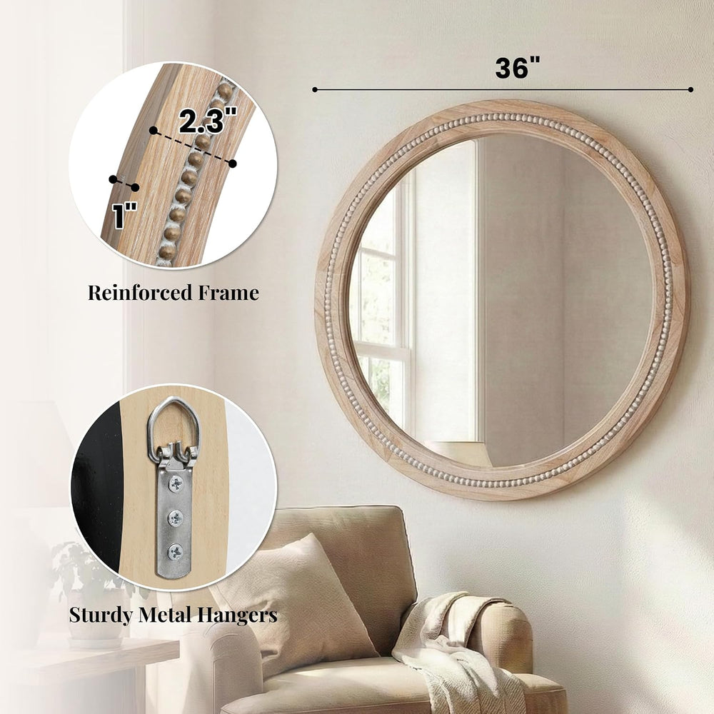 Solid Wood 36 Inch Round Beaded Wall Decor Mirror, Natural Wood