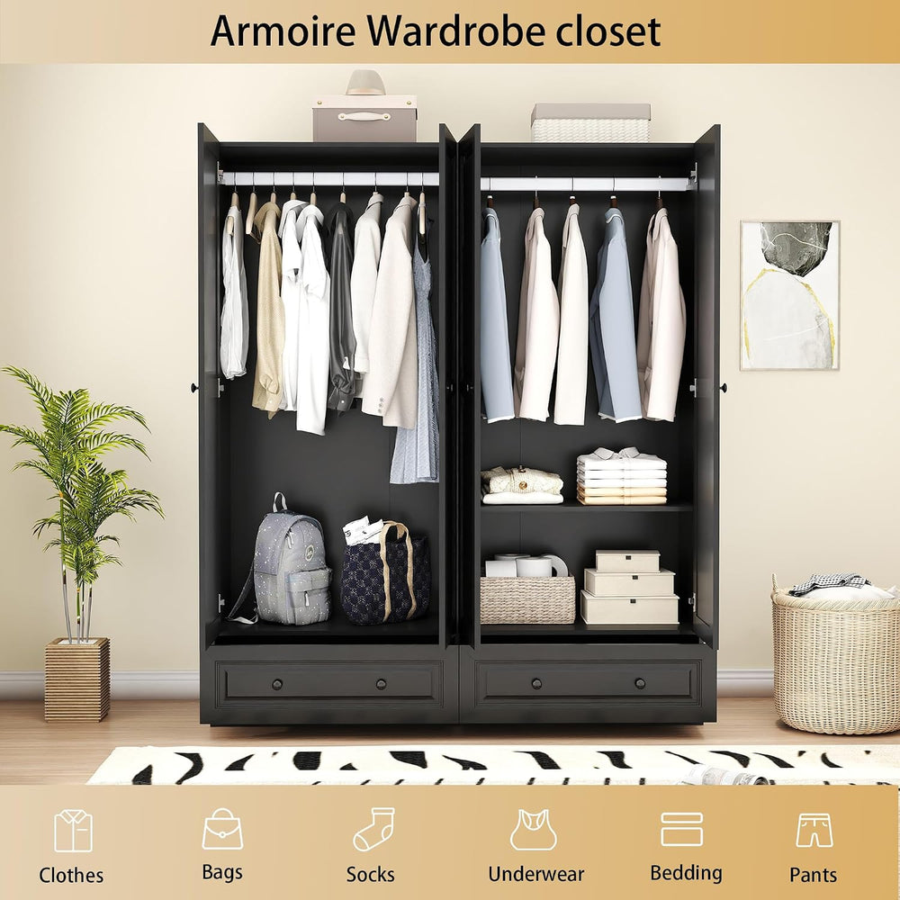 Black Armoire Wardrobe Closet with 2 Drawers: 75" H x 63" W