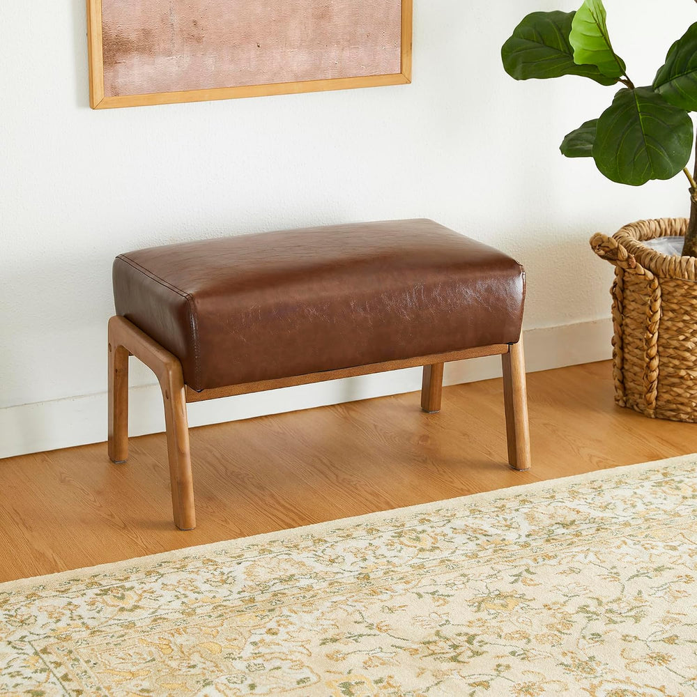 Glitzhome Rectangle Ottoman Bench, Modern Coffee Leatherette Footstool with W...