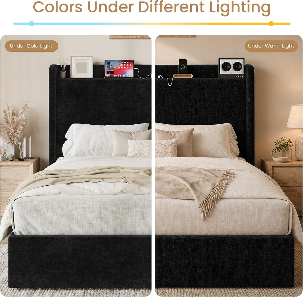 SHA CERLIN Full Size Bed Frame, Chenille Storage Headboard and USB, Black