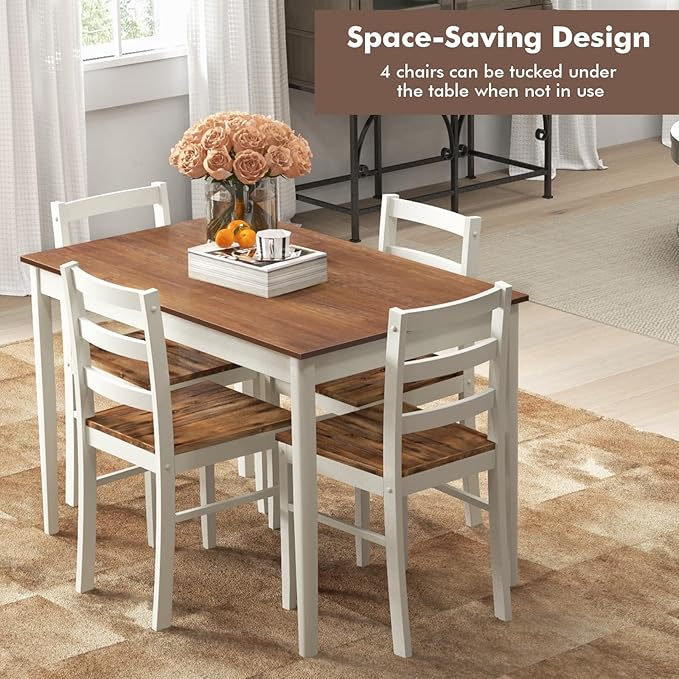 COSTWAY Dining Table Set for 4, Wood Kitchen Table Chairs Set with Rubber Woo...