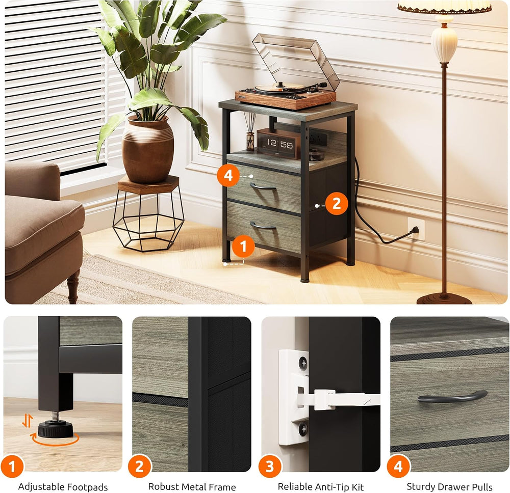 Lazzanto Night Stand with Charger Station, 2 Fabric Drawers, Grey | Nightstan...