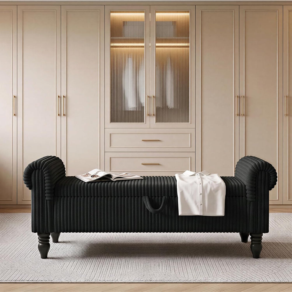 55" Storage Ottoman Bench, Corduroy End of Bed Bench for Bedroom, Black