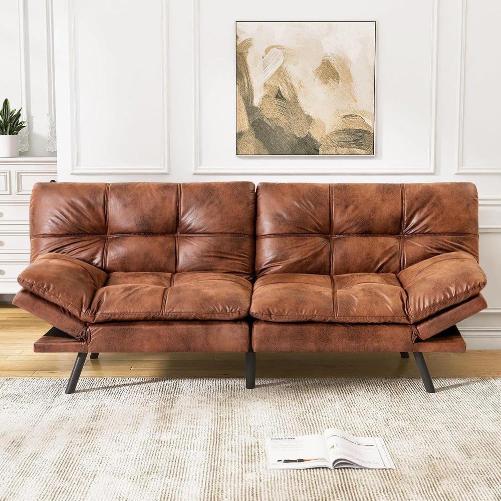 Brown Faux Leather Futon Sofa Bed,Convertible Futon Couch