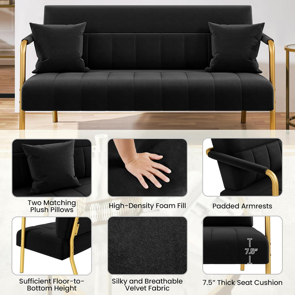 Yaheetech 56.5" Small Sofa 2 Seater Couch with Gold-Tone Legs, Black