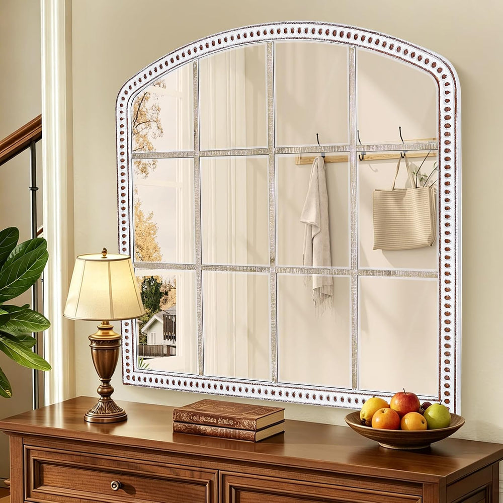 36x36 Inch Farmhouse Arched Window Mirror, Distressed Wooden Wall Mirrors