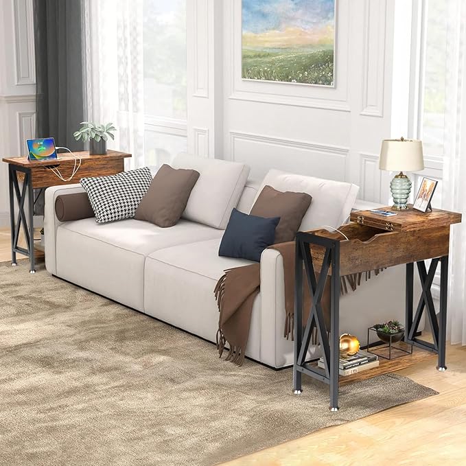 TooCust End Tables Living Room with Charging Station, 11.2" D x 24"...
