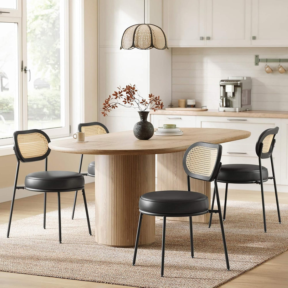 VASAGLE Set of 4 Dining Chairs, Boho PE Rattan Back, Synthetic Leather