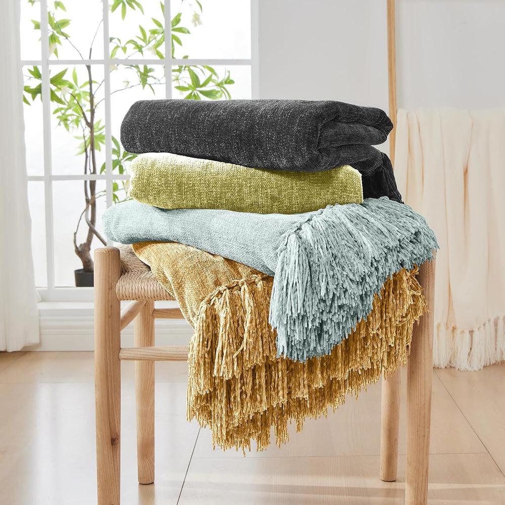 CozeCube Chenille Throw Blanket, Charcoal Grey Fringe Blanket, 50"X60"
