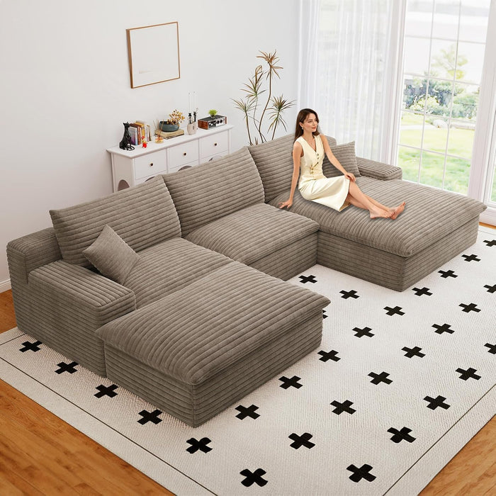 107" Cloud Couch Modular Sectional Sofa for Living Room, U-Shape Boneless Couch with Deep Seat, Modern Corduroy 3-Seater with Ottoman, No Assembly Required (Camel,Right-Facing Chaise)