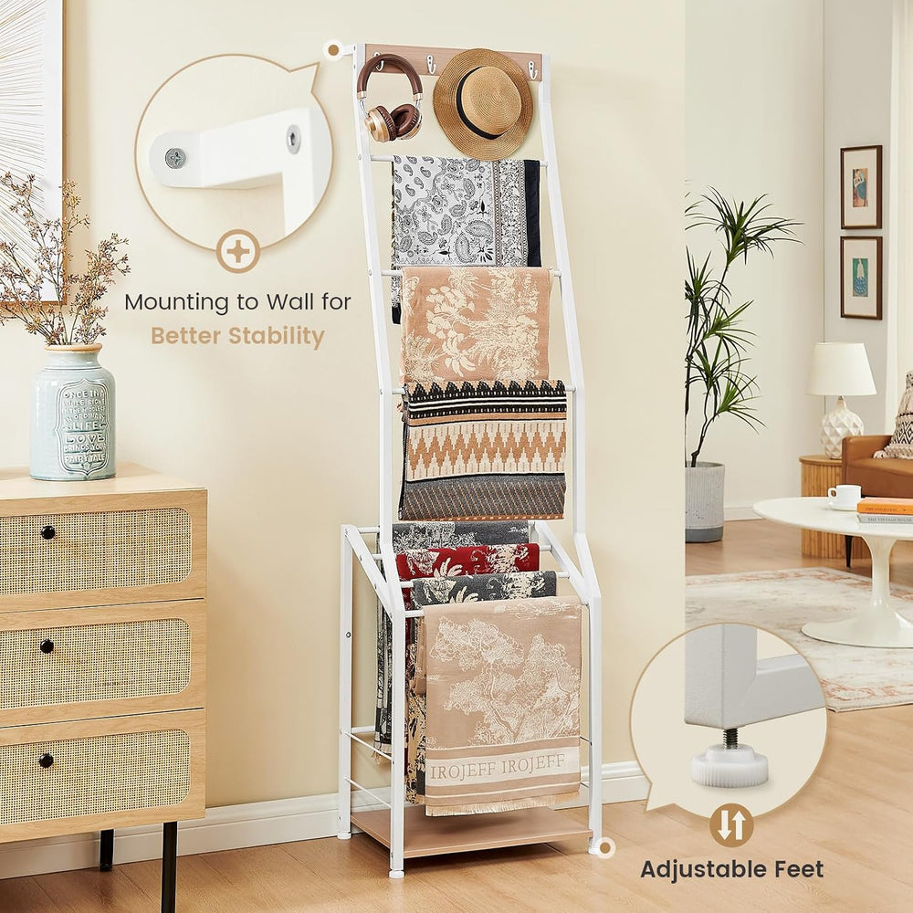 Pinzoveco Blanket Ladder, 7 Tier Wooden Ladder Shelf with Hooks 5.5ft White |...