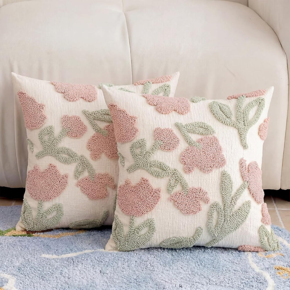 Premium Chenille Embroidered Throw Pillow Covers 18x18 Set of 2, Thick 3D Tuf...