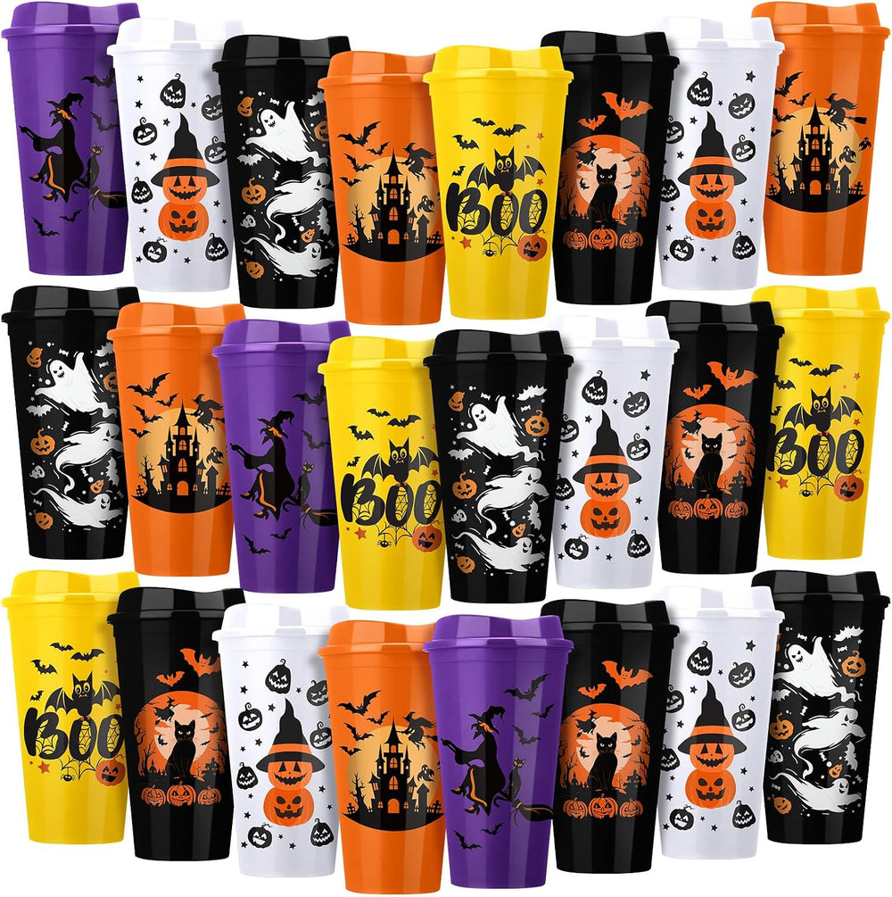 Pickmesh 24 Pack Halloween Witch Cups 16 oz Reusable Tumblers with Lid