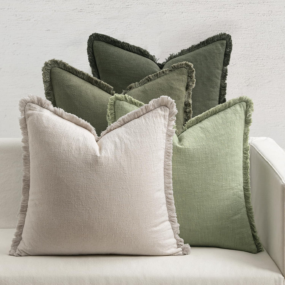 MIULEE Decorative Linen Fringe Throw Pillow Covers 18x18 Beige/Sage Green