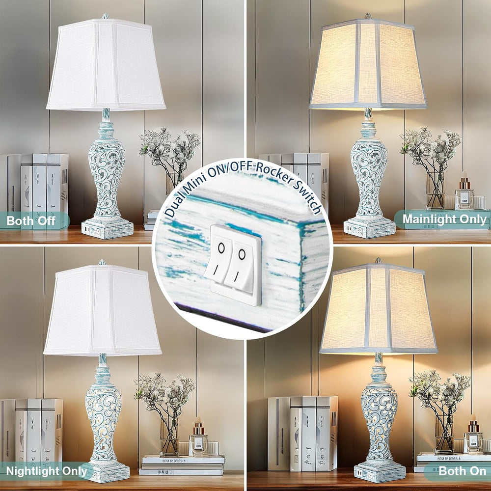 LuxSight Collection Bedside Table Lamps Set of 2 with Night Lights, Vintage
