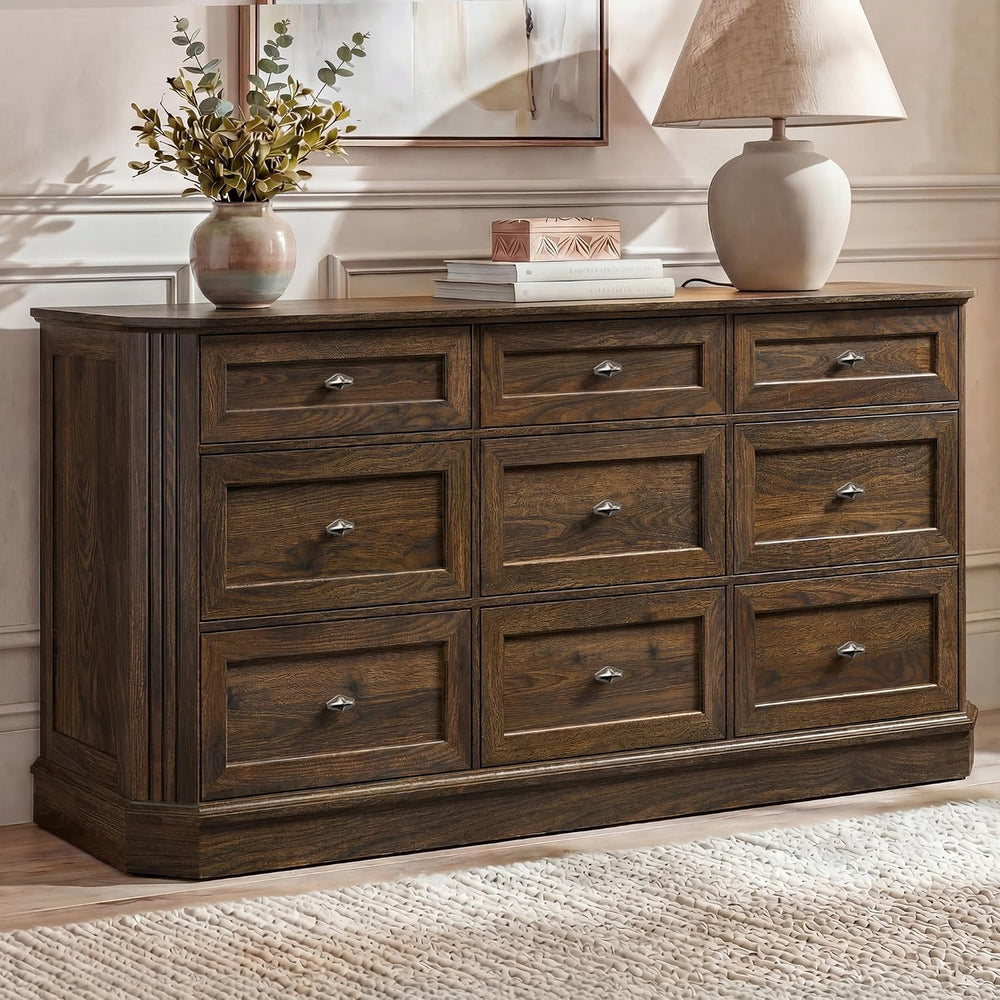 Farmhouse 9 Drawers Walnut Dresser for Bedroom, 63.07" Wide Chest of Dra...