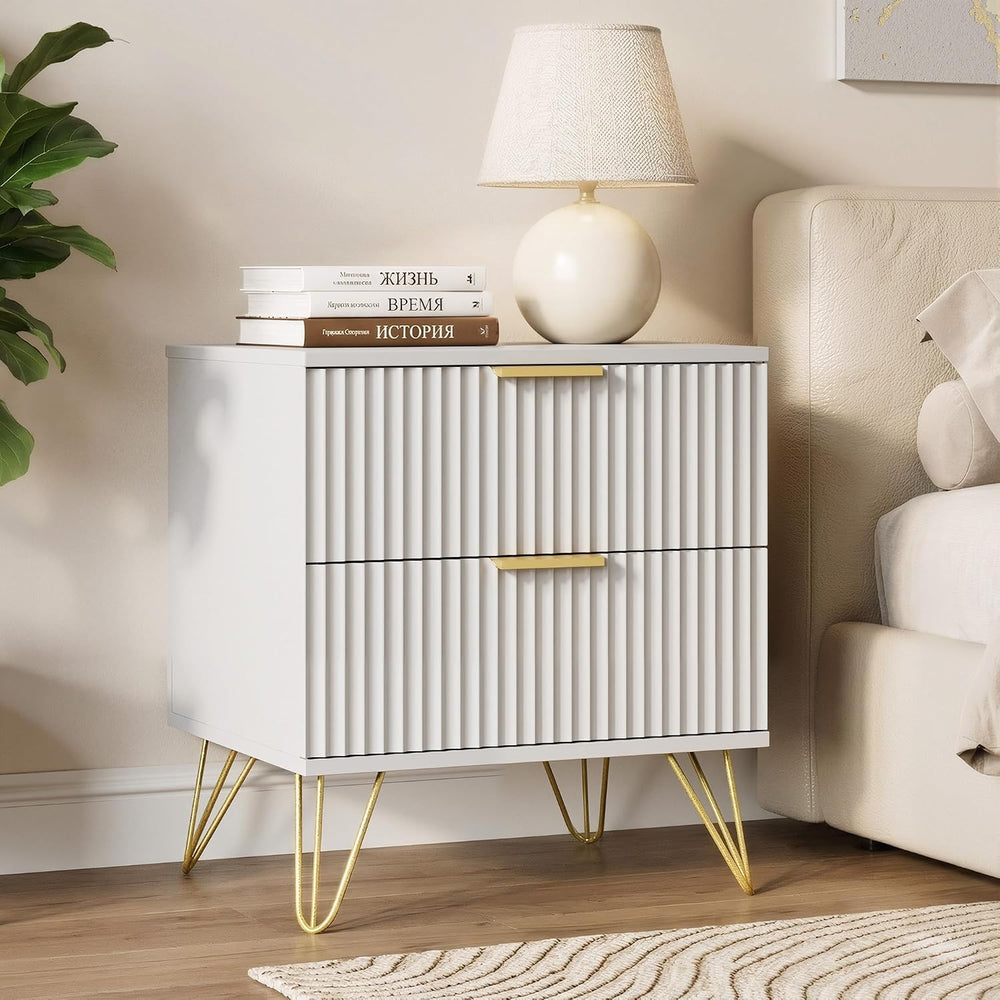 White Fluted Nightstand Set of 2, Modern Bedside Table with 2 Drawers and Gol...