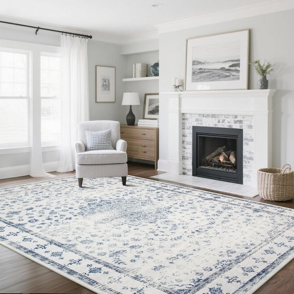 8x10 Washable Area Rugs for Living Room,Bedroom,Dining Room- Blue White