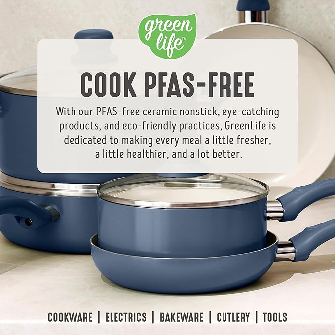 GreenLife 16-Piece Nonstick Cookware Set, Non-Toxic Ceramic Pots and Pans Set