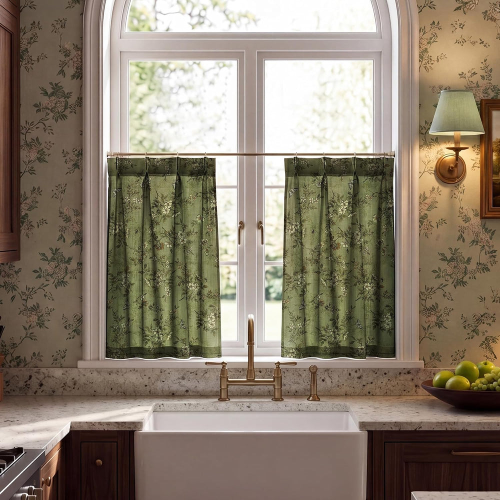 NICETOWN Pinch Pleated Floral Linen Curtains 36 inch Long, Forest Green