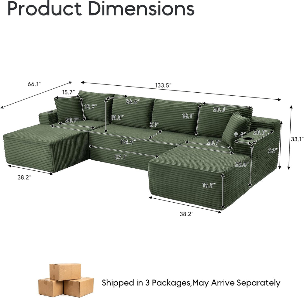 133" U-Shaped Modular Sectional Sofa, Corduroy Boneless Couch, Green | C...