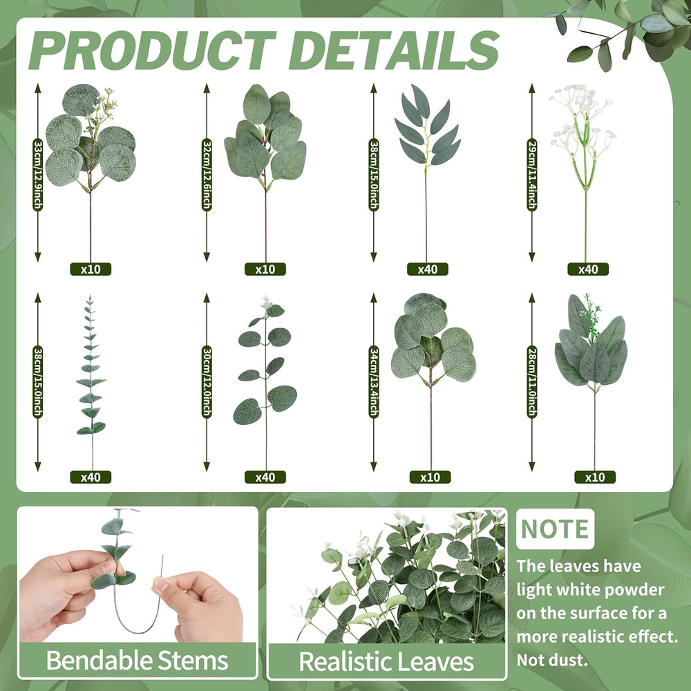 200 Pcs 8 Kinds Mixed Artificial Eucalyptus Stems Bulk Fake Silver Dollar Euc...