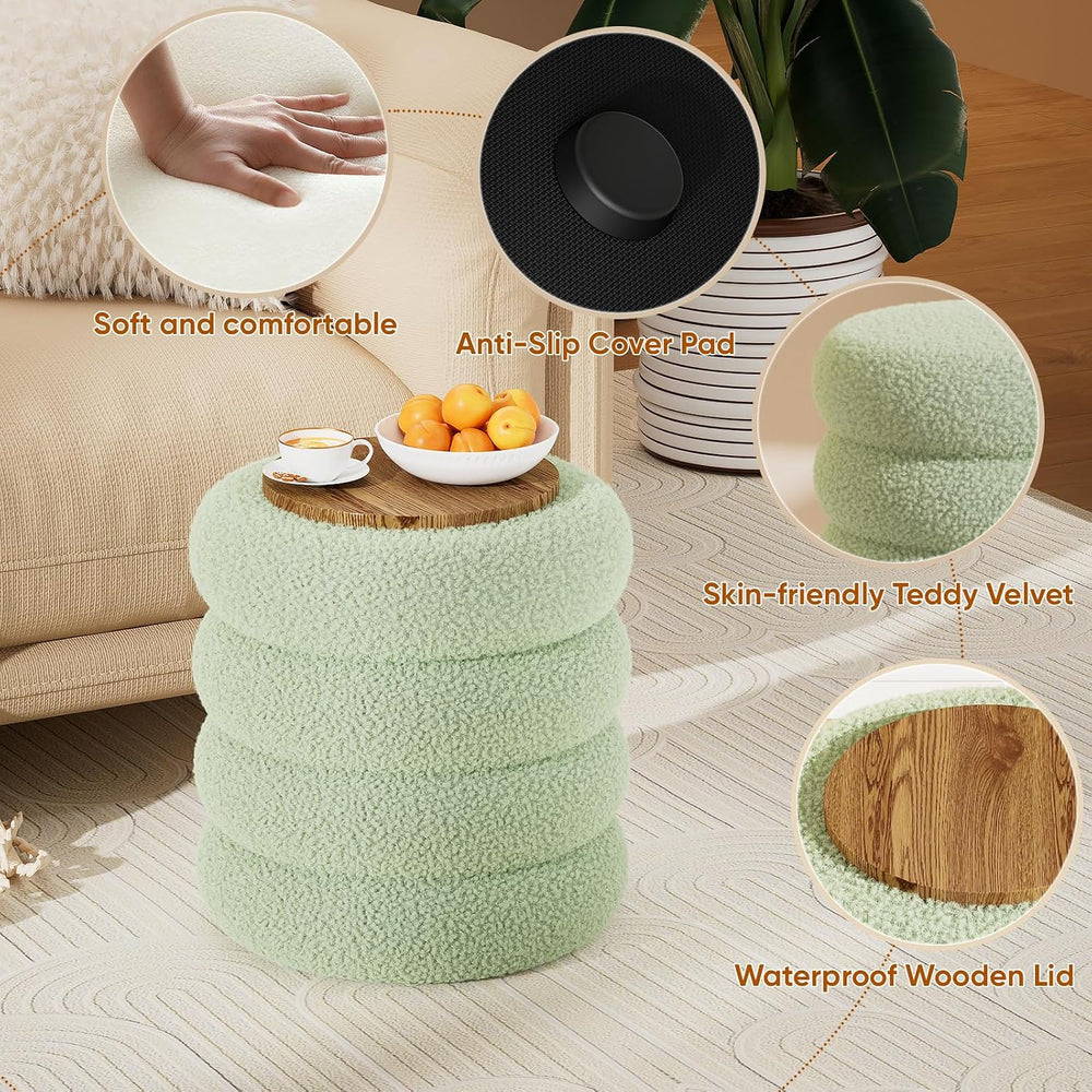 Soft Teddy Round Ottoman with Tray, 17.5 Inches Ottoman Coffee Table with Sto...