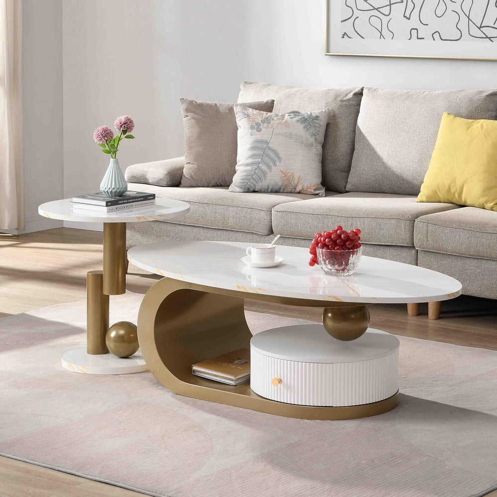 Modern Nesting Coffee Table Set of 2, Oval and Round Coffee Table Set for Liv...