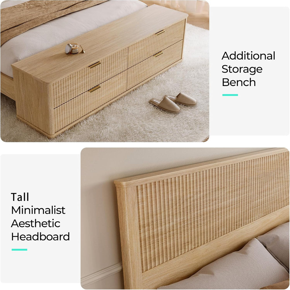 LINSY Fluted Boho Queen Bed Frame with Storage Bench, Natural Oak