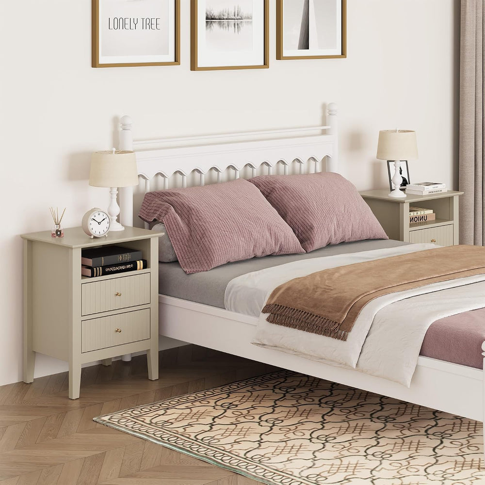 RoyalCraft Beige Fluted Nightstand Set of 2, Colorful Nightstand with 2 Drawe...