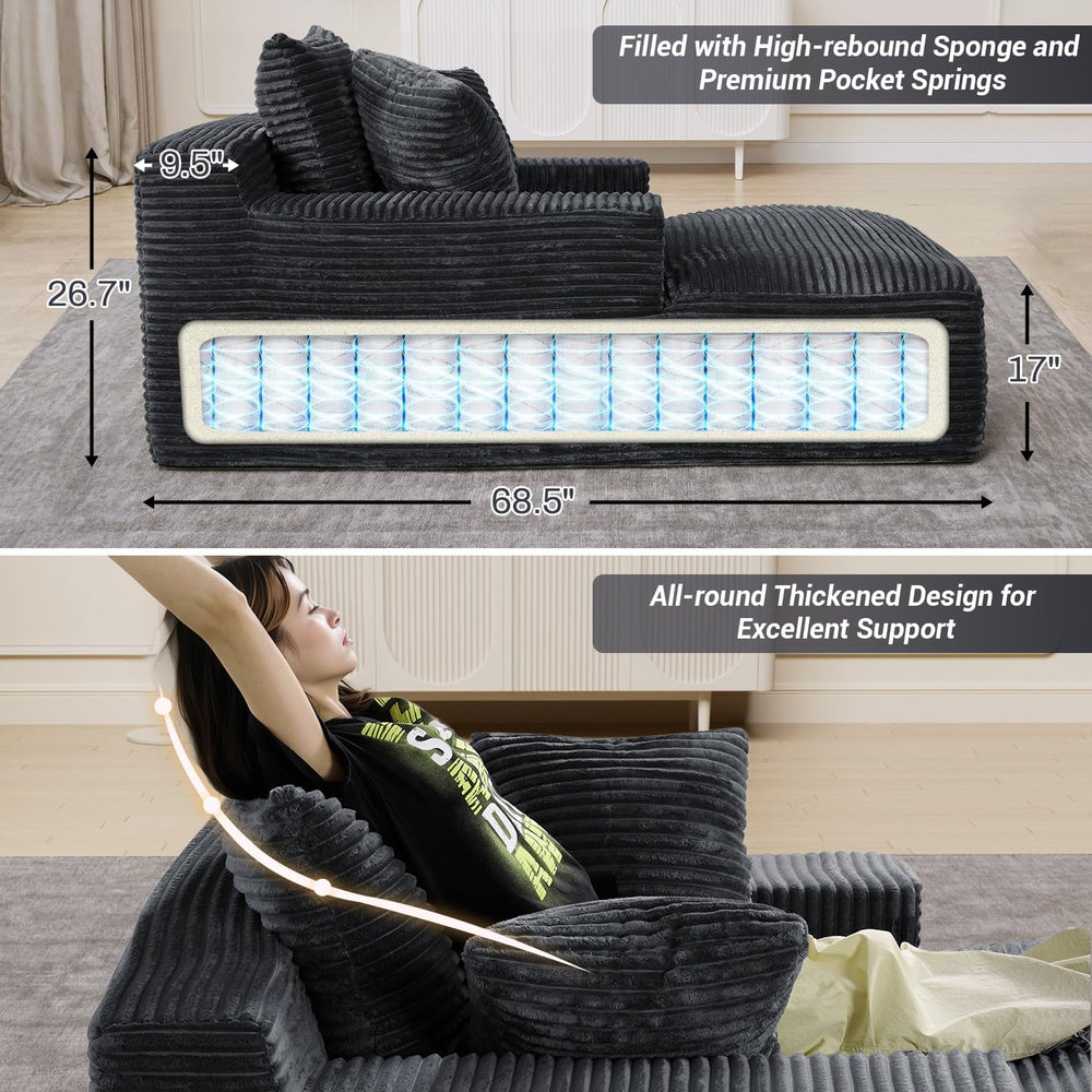 50" x 68" Corduroy Chaise Lounge, Boneless Sofa Bed, Dark Gray | Ov...