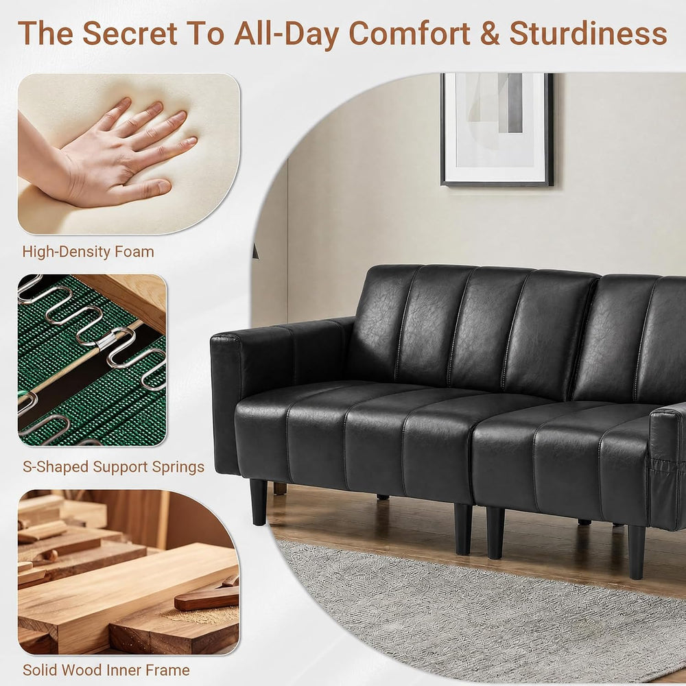 77" Mid Century Modern Faux Leather Couch, Black Leather Sofa Bed