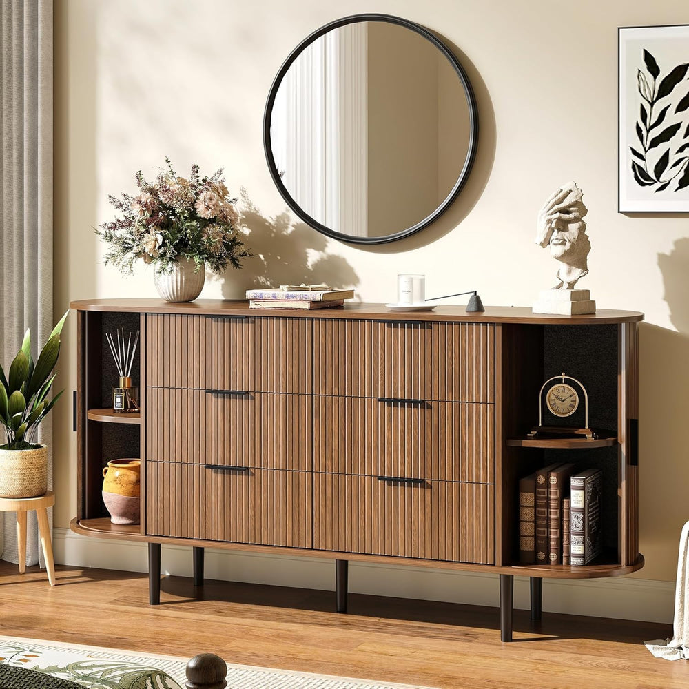 63" Wide Fluted 6 Drawer Dresser for Bedroom, Modern Wood Chest of Drawe...