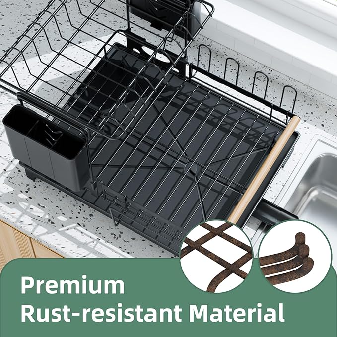 2-Tier Dish Rack with Drainboard: Large Capacity Anti-Rust Kitchen Counter