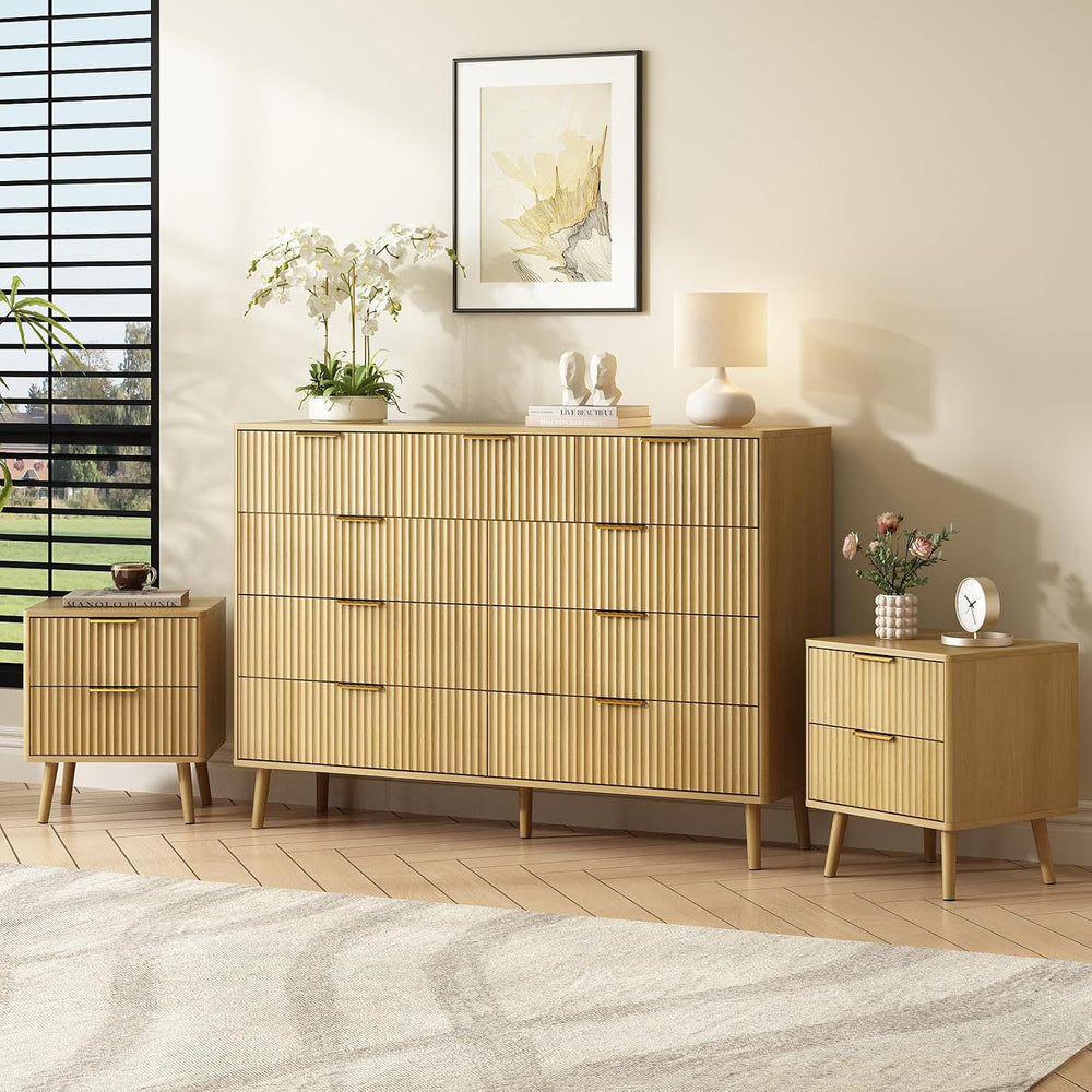 CARPETNAL Fluted Dresser and Nightstand Sets for Bedroom, 3 Pcs Bedroom Set, ...