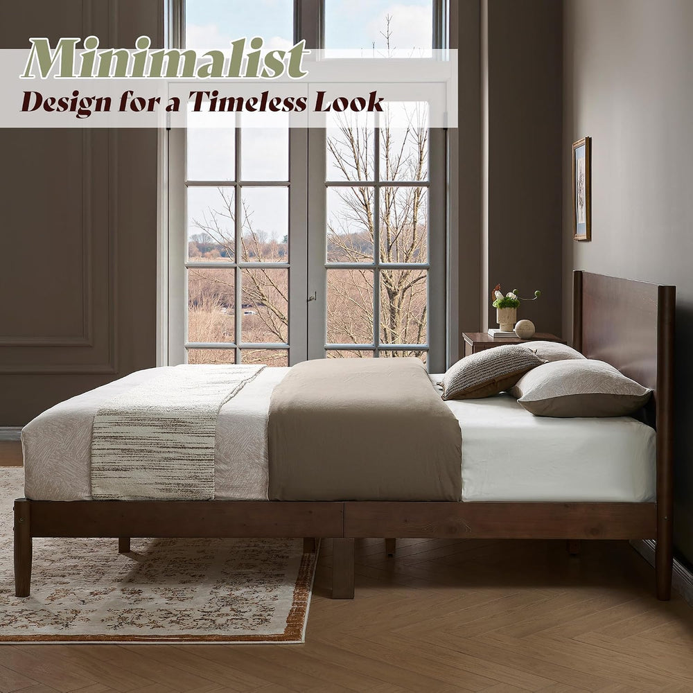 AMERLIFE Solid Wood Full Bed Frame, Mid Century Bed with Headboard, Walnut