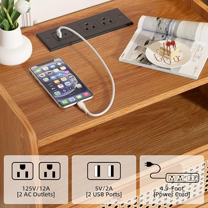 Lerliuo Rattan Nightstands Set of 2 with Charging Station, Side Table with Dr...