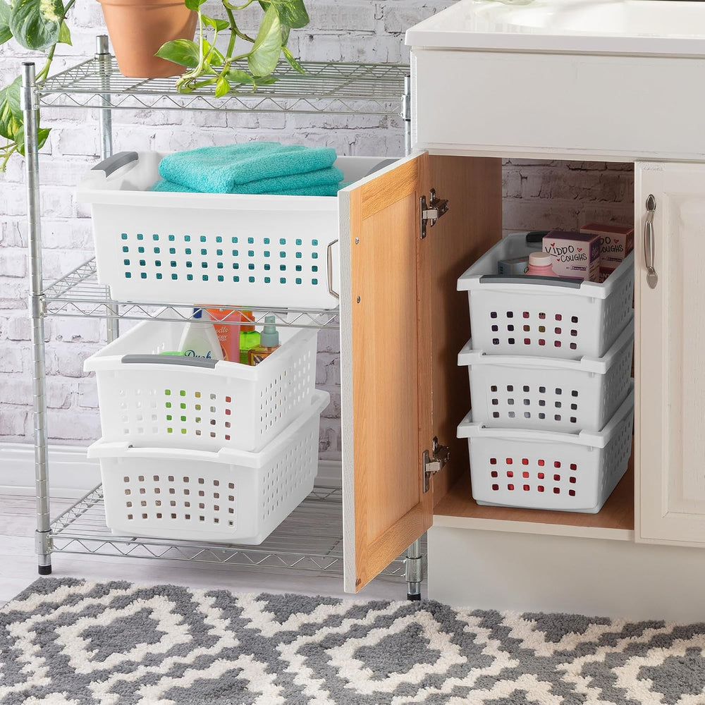 Sterilite Large Stacking Basket Plastic Storage Organizer, White, 4-Pack