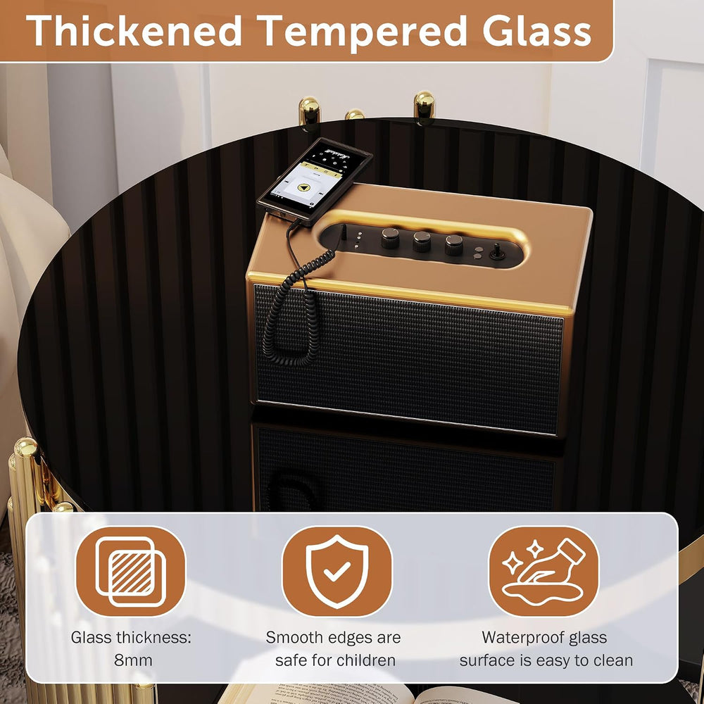 Luxury Gold Round Glass End Table, 19.7" Modern Side Table with Stainles...