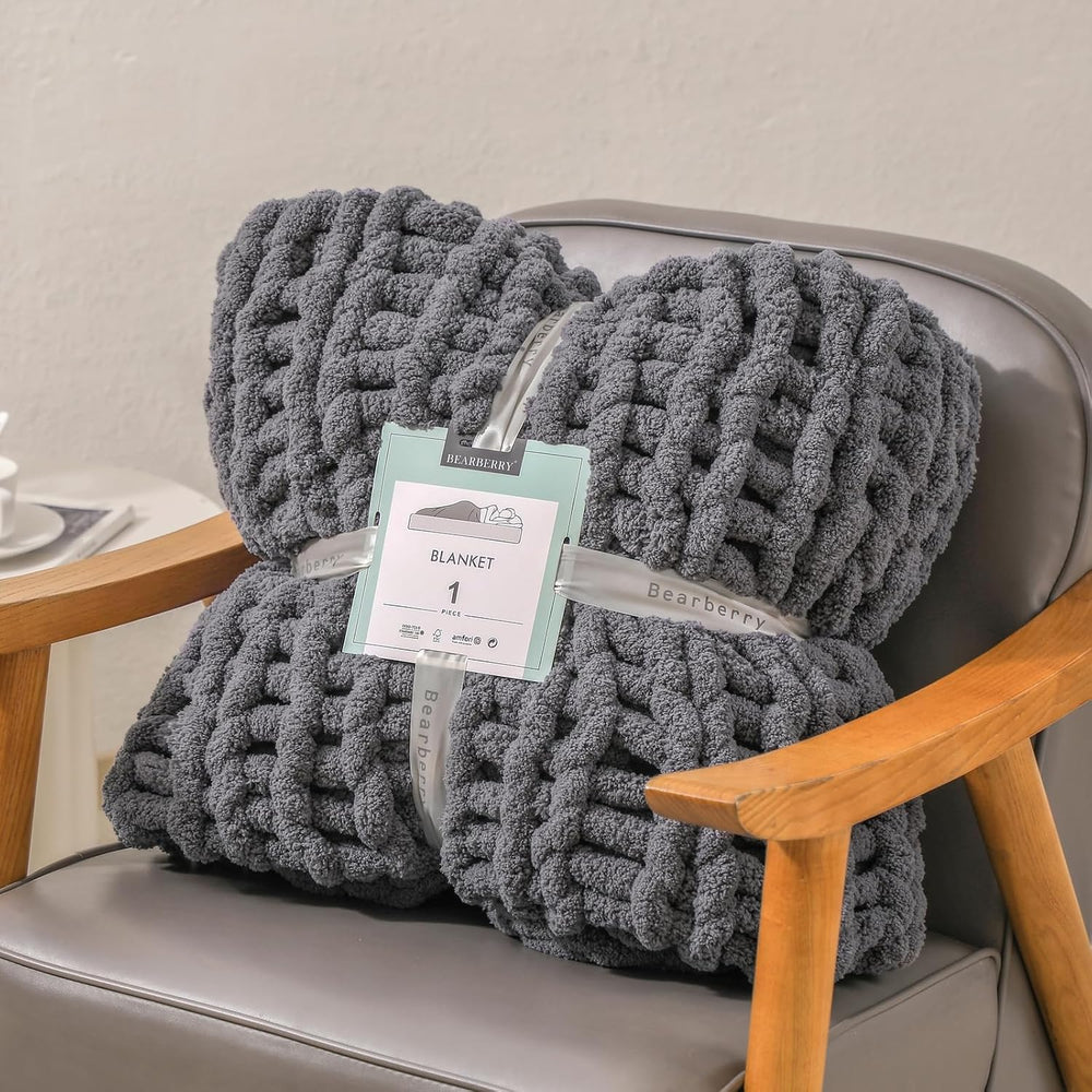 bearberry Chunky Knit Handmade Throw Blanket 50x60 Jumbo Chenille Dark Gray