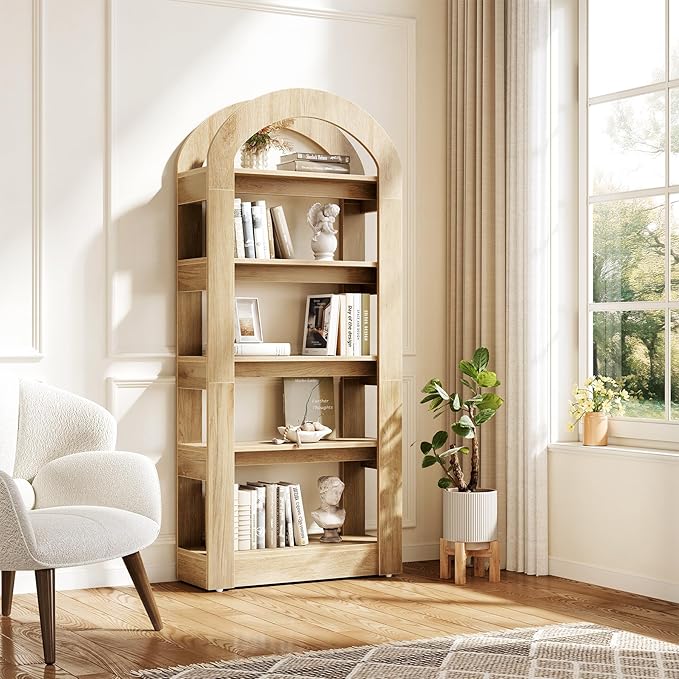 LITTLE TREE 5-Tier Bookshelf, Arch-Shaped Racks, Tall Standing Wooden Bookcas...